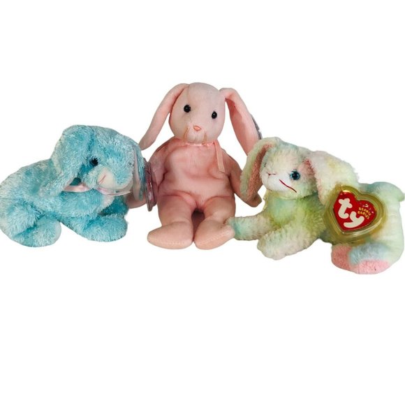 3 TY Beanie Babies Spring Cottonball Hoppity Easter Rabbit Plush Bean Bag Animal - Picture 1 of 8